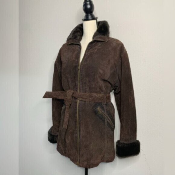 Wilsons Leather Brown Faux Fur Collar Cuffs Suede Leather Coat - Picture 7 of 17